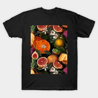 tropical pineapple and oranges botanical illustration, floral tropical fruits, black fruit pattern T-Shirt